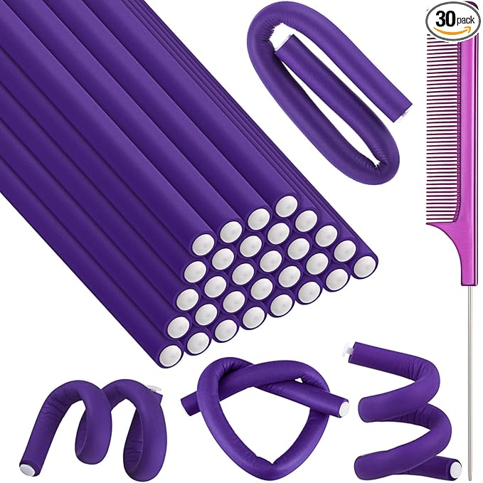 Syhood 30 Pcs Flexible Curling Rods 9.45 Twist Foam Rollers Soft Foam No Heat Hair Rods Rollers and 1 Steel Pintail Comb Rat Tail Comb for Women Long Short Hair(Purple,9.45 x 0.3 Inch)