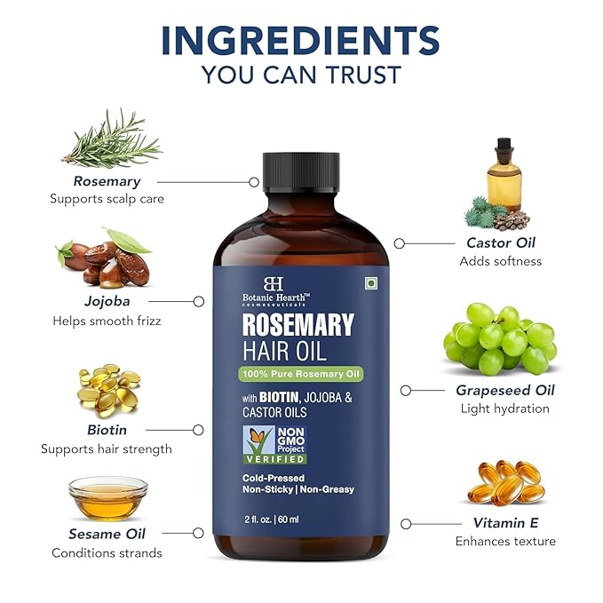 Botanic Hearth 100% Pure Rosemary Oil For Hair Growth Infused With Biotin | Hair Strenghtening Treatment | Nourishing & Volumizing | With Jojoba Oil & Castor Oil | Non GMO Verified | 2 fl oz, Blue