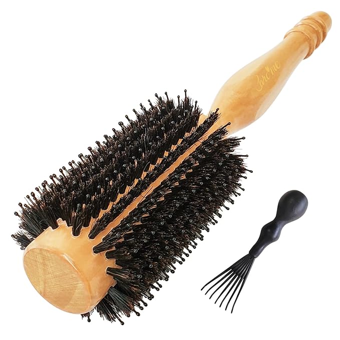 High-Density Boar Bristles Wood Round Brush for Blow-Drying, Straightening & Styling Medium to Long Fine or Normal Hair (Shoulder to Back-Length) for Shine & Volume, 1.2" Roller, 2.4" with Bristles