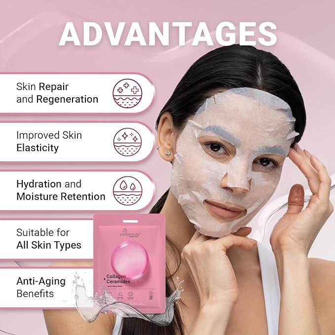 VIABEAUTY 24 Pack of Collagen Face Mask with Ceramides - Rejuvenating Facial Sheet Mask, Fine Lines & Reduce Wrinkles - Face Masks Skincare Moisturizing Collagen Mask for All Skin Types