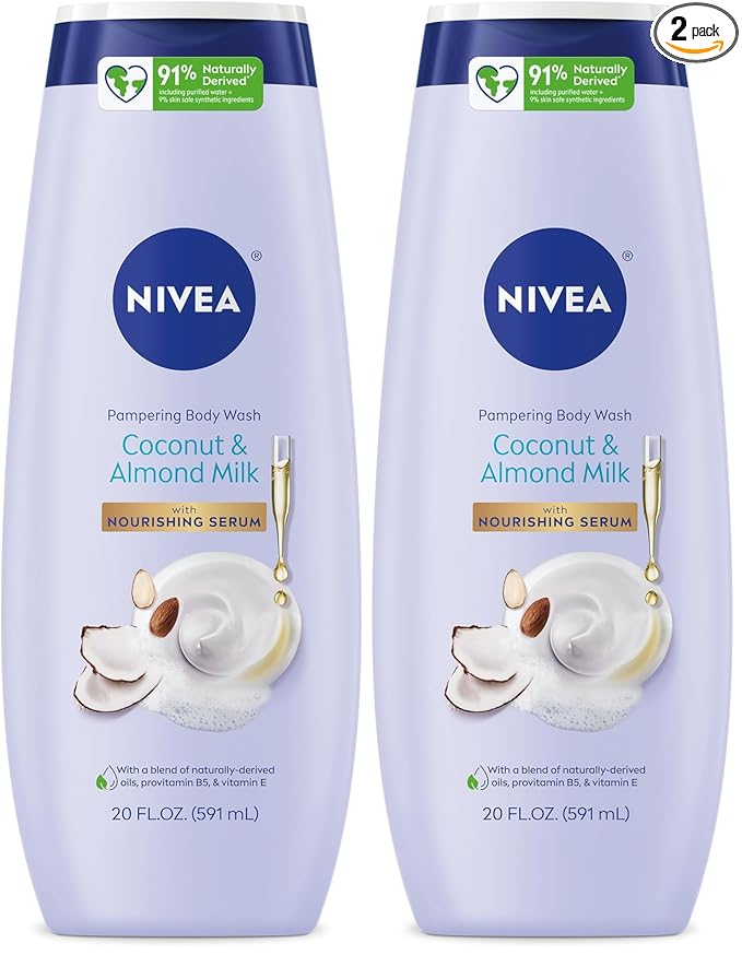NIVEA Pampering Coconut and Almond Milk Body Wash with Nourishing Serum, Moisturizing Body Wash for Women, Enriched with Provitamin B5 and Vitamin E, 20 Fl Oz Bottle (Pack of 2)