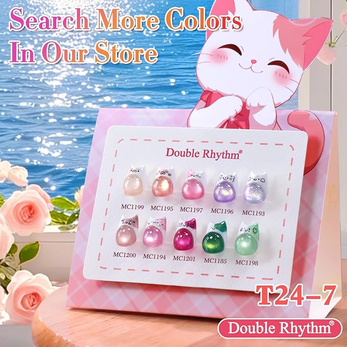 Double Rhythm 15ML Jelly Glass Cat Eye Gel Polish with Magnet Holographic Glitter Shimmer Translucent Sheer Color Salon Soak Off Magnetic Nail at Home (Peach Pink Gold-MC1195)