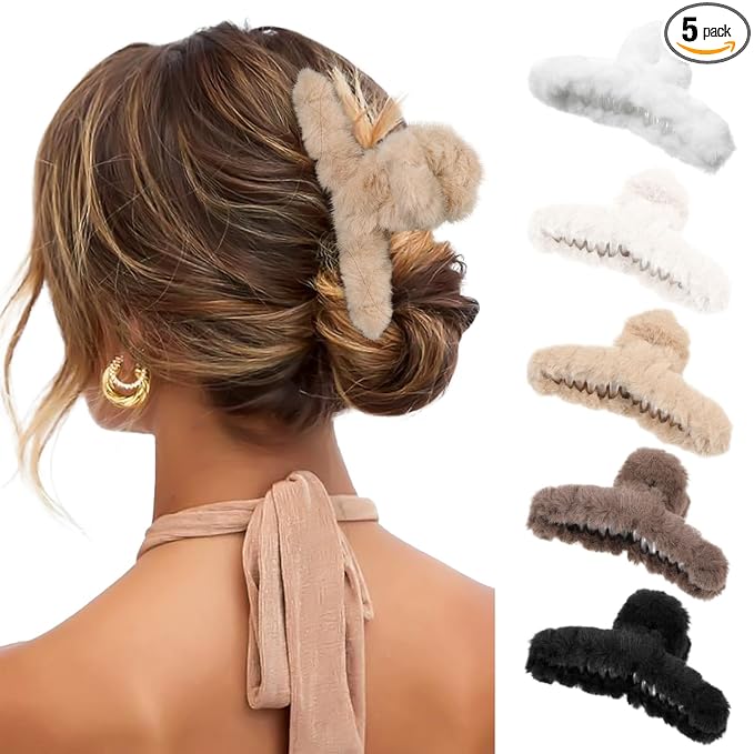 5PCS Large Claw Hair Clips for Thick Hair Big Banana Hair Clips for Women Nonslip Strong Hold Hair Claw Clip Plush (White+Black+Beige+Brown+Coffee)