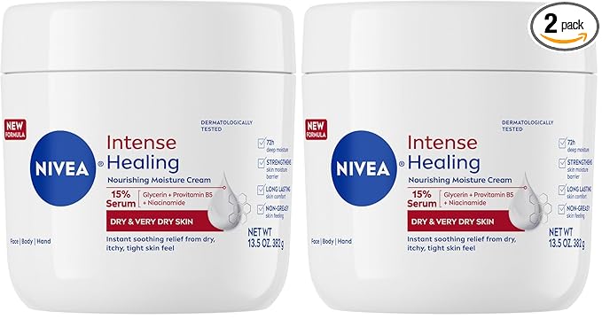 Nivea Intense Healing Body Cream for Dry Skin with Glycerin, Provitamin B5 & Niacinamide, 72-Hour Moisture, Non-Greasy, 13.5 oz Jar (Pack of 2)
