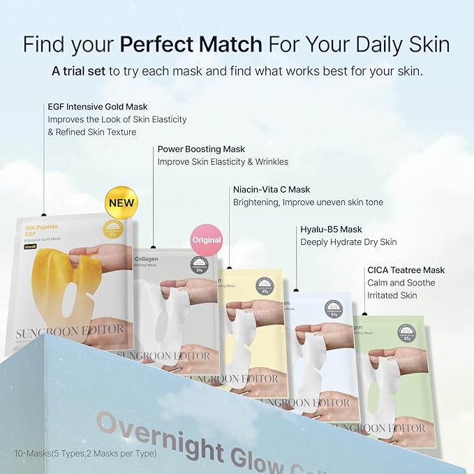 SUNGBOON EDITOR Deep Collagen Overnight Glow Mask Set, Korean Sheet Mask Trial Set with 10 Masks in 5 Types, Deep Collagen & Gold Overnight Mask for Hydration, Soothing, Glow and Firm-Looking Skin