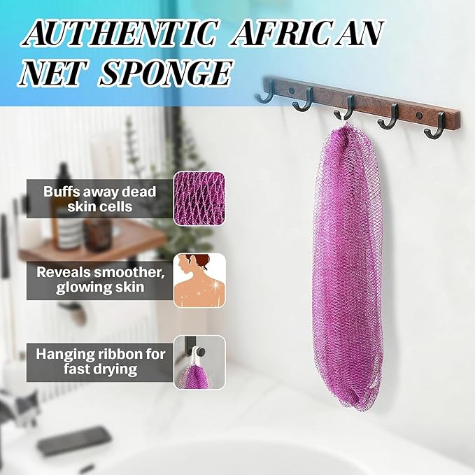 African Net Sponge Authentic Exfoliating Body Scrubber for Shower & Bath, Deep Cleansing Lather for Dead Skin Removal, Back Scrubber Gift for Women & Men（Purple）