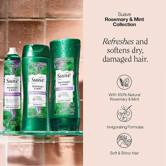 Suave Rosemary & Mint Shampoo and Conditioner Set + Dry Shampoo for Women with 100% Natural Essential Oils