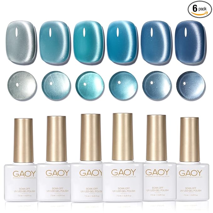 GAOY Blue Cat Eye Gel Nail Polish Set with Magnet for Glitter Holographic Cat Eye, Salon UV Gel Manicure and Nail Art DIY at Home, Tropical Sea