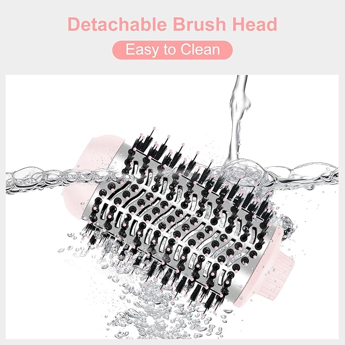 IG INGLAM 4 in 1 Blowout Hair Dryer Brush Set - Negative Ion Detachable Hair Dryer, Volumizer Styler with 2 Brush Heads, Pink