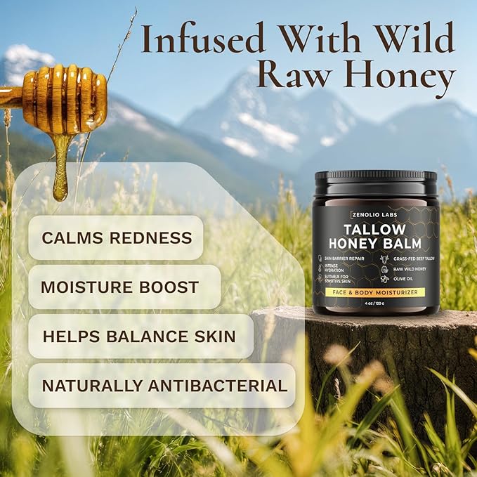 Beef Tallow for Skin Face - Tallow and Honey Balm for Face - Whipped Grass-Fed Moisturizer with Raw Honey & Beeswax - Hydrating Body Cream for Dry, Cracked and Sensitive Skin