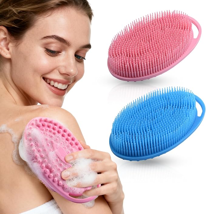 2 Pack Silicone Body Scrubber, Exfoliating Silicone Shower Scrubber for Body, Gentle 2 in 1 Silicone Loofah Alternative for Women Men, Dual-Sided Soft Bath Scrubber for All Skin, Blue+Pink