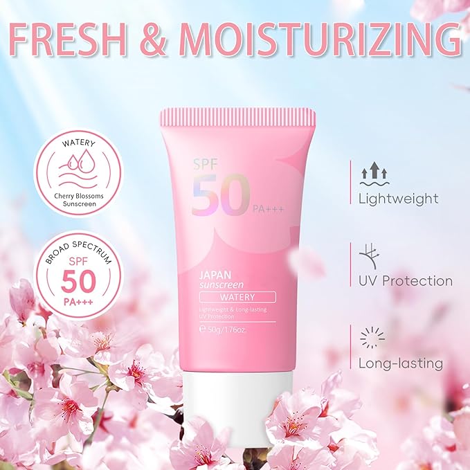 Sunscreen SPF 50 PA+++, Cherry Blossoms Essence Isolation Cream Suncare Moisturizing Sunscreen for Face & Body, Lightweight, Fast-Absorbing, Hydrating & Non Greasy Sun Protection for All Skin Types
