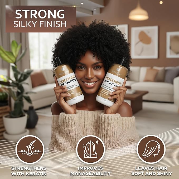 Coconut Shampoo and Conditioner Set - Sulfate Free, Deep Moisturizing, Hydrating, Anti Frizz Formula for Women and Men - Professional Salon Grade - Dry, Damaged Hair Care Products 16 Fl Oz (Set of 2)