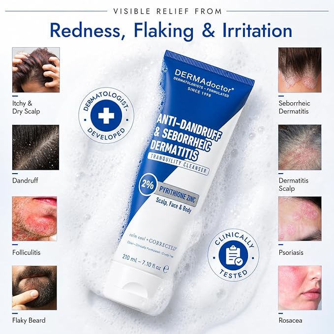 DERMAdoctor 2% Pyrithione Zinc Anti-Dandruff Shampoo & Multi-Use Liquid Face Wash for Seborrheic Dermatitis, Itchy Flaky Scalp, Beard & Body, Fragrance-Free Sulfate-Free Sensitive Skin, 7.1 fl oz