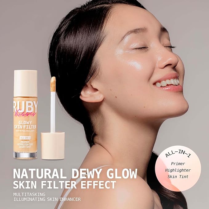 Ruby Kisses Glowy Skin Filter Foundation - All-in-1 Primer, Skin Tint & Highlighter, Hydrating Light Coverage with Squalane, Natural Dewy Finish, Luminous & Radiant Glow (Light)