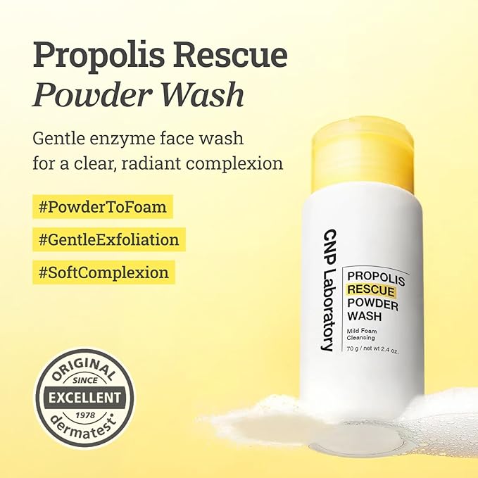 CNP Propolis Rescue Powder Wash, Exfoliating Face Wash with AHA & PHA, for Dry, Sensitive Skin, Dermatologically Tested, 2.4 oz.