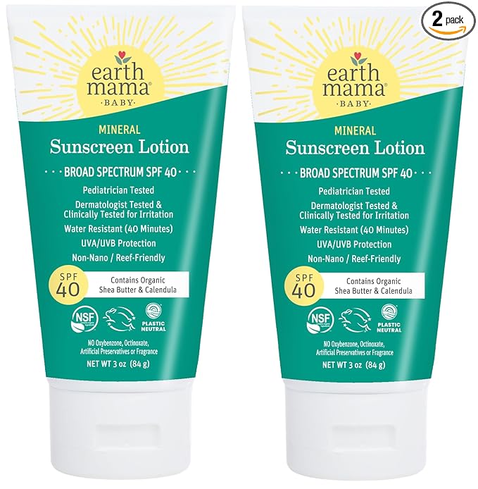 Earth Mama Baby Mineral Sunscreen Lotion SPF 40 - (2 Pack) 3 oz - Non-Nano Zinc - Broad Spectrum for Babies, Kids & Family - Water Resistant Sun Protection