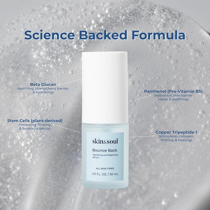 Skin & Soul Bounce Back Serum – Ceramide Face Serum for Sensitive & Acne-Prone Skin – Hydrating, Repairing & Barrier Boosting with Beta-Glucan, Peptides & Stem Cells – 1 fl oz
