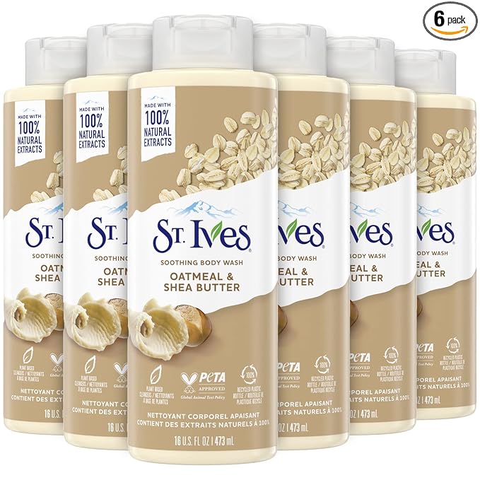 St. Ives Body Wash - Soothing Moisturizing Cleanser with Oatmeal & Shea Butter, Made with Plant-Based Cleansers and 100% Natural Extracts, 16 Oz Ea (Pack of 6)