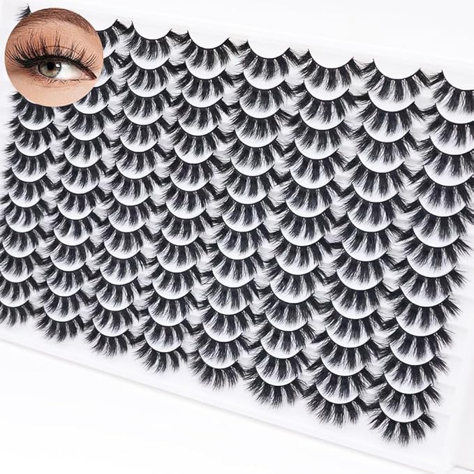 Azenlo False Eyelashes 48 Pairs Faux Mink Lashes 14mm Wispy Lashes 3D Fluffy Cat Eye Lashes Pack Bulk Wholesale Strip Lashes(style 48-034)