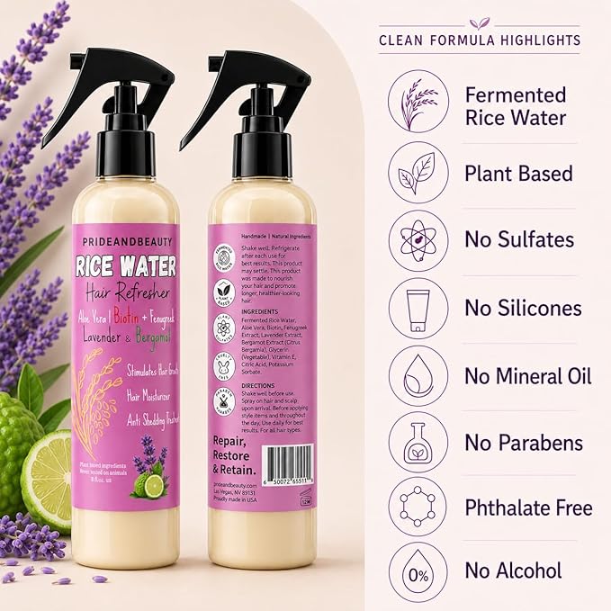 NEW Fermented Rice Water for Hair Growth - Infused with Rosemary, Biotin, Caffeine, Keratin Vegan Non-Greasy Spray Naturally Thicker, Longer, Softer Men & Women (8 OUNCES, Lavender Bergamot)