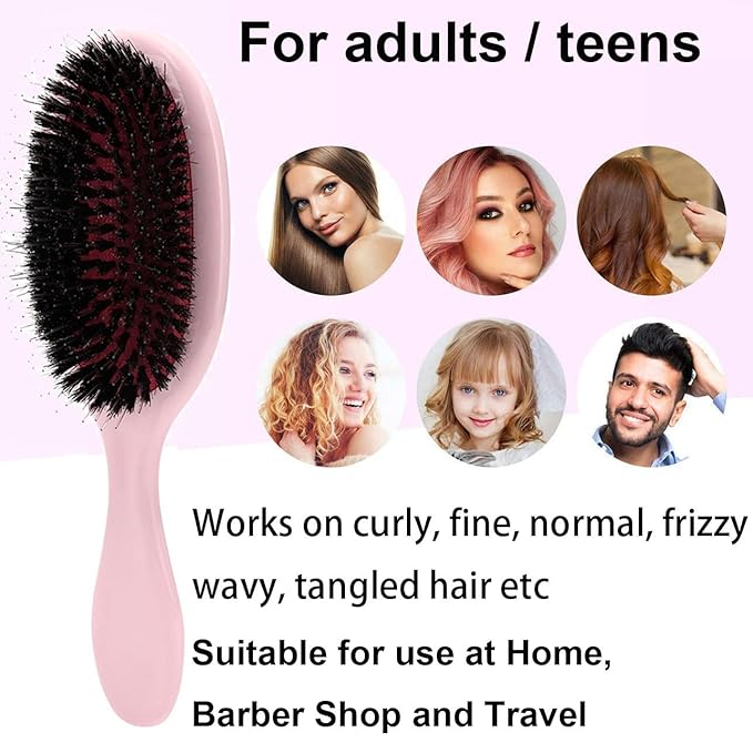Boar Bristle Detangling Paddle Hair Brush for Curly Fine Wavy Hair, Anti-frizz Painless Detangler Brush Boar Nylon Mixed Bristle Styling Hairbrush for Women Men, Less Pulling and Hair Breakage