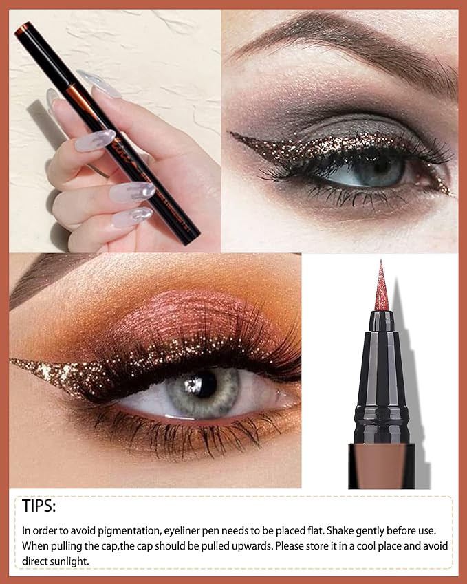 Bronze Glitter Eyeliner Liquid Liner-1Pcs Brown Metallic Shimmer Sparkling Colored Eye Liner Eyeshadow Makeup Pen, Long Lasting High Pigmented Waterproof Smudge-proof Eyeliner Pencil, Gift for Women