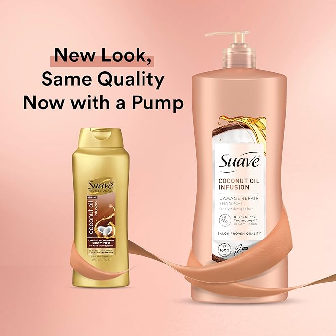 Suave Coconut Oil Damage Repair Shampoo, for Normal, Dry and Damaged Hair, with Pure Coconut Oil Infusion, 28 oz Pack of 4