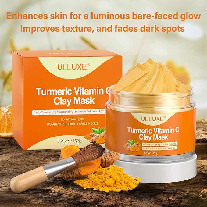 ulluxe Turmeric Vitamin C Clay Mask for Dark Spots, Dull Skin, Moisturizing, Skincare Facial Mask for Blackheads and Pores Cleansing, Improve Uneven Skin Tone, Face Skincare Gift, 5.29 oz