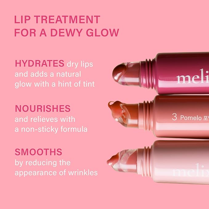 Melixir Vegan Lip Treatment, Sheer Tinted Lip Balm for Instant Hydration & Shine, Moisturizing Lip Gloss, Infused with Vegan Collagen & Jojoba Oil, Cruelty-Free, Korean Skincare-3 Pomelo(0.5oz/15g)