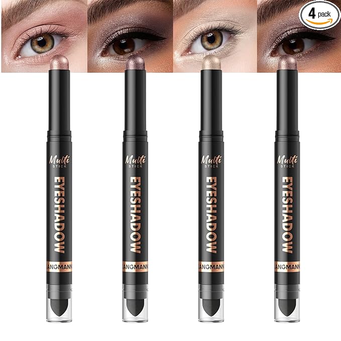 LANGMANNI 4Colors Dual-Ended Cream Eyeshadow Stick Set – Silky Smooth, Waterproof & Transfer-Proof, Built-in Blender Brush, All-Day Matte & Shimmer Wear Eye Makeup(#2+4+7+8)