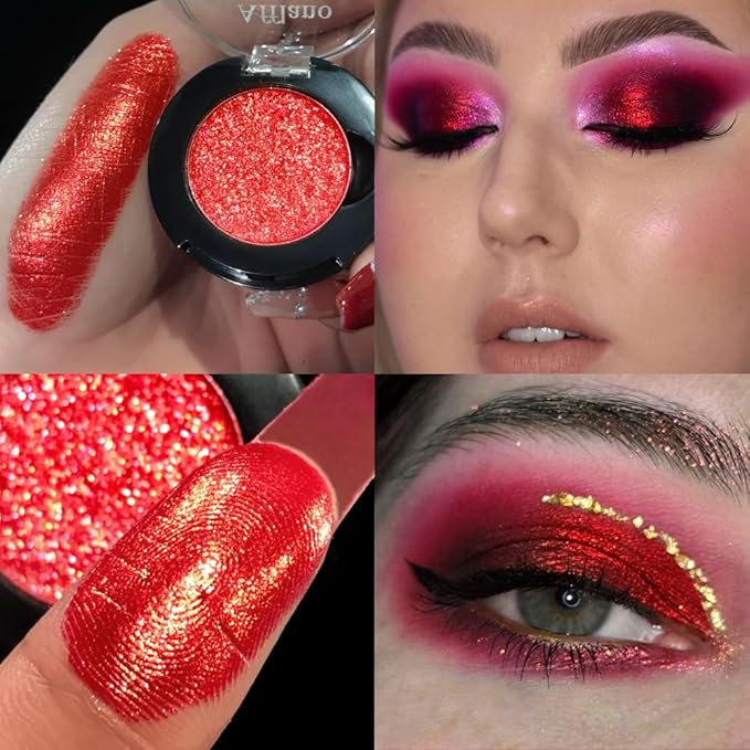 Afflano Red Glitter Eyeshadow, Diamond Bright Red Eyeshadow Instant Color, Super Pigmented Metallic Eye shadow One Swipe, Holographic Single Ruby Shimmer Eye shadow for Goth Smoky Clown Eyes Makeup