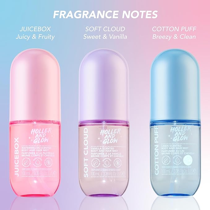 Holler And Glow Mood Boosting Juice Box Body & Hair Mist, Body Spray, Teen Girls Spritz, Long Lasting, Watermelon, Fruity Scented, Water Based Fragrance For Tweens, Clean & Gentle Formula, 3.38 Fl Oz