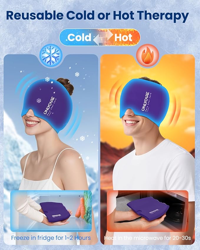 ONLYCARE Migraine Relief Cap, Soothing Headache Hat, Upgraded Odorless Gel Ice Head Wrap, Hot and Cold Therapy, Headache Ice Pack for Tension and Stress(Purple)