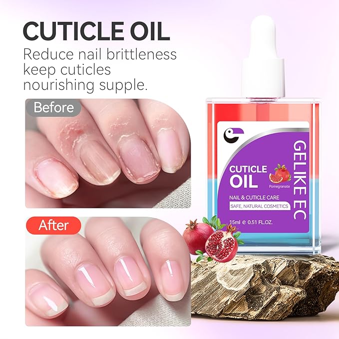 Gelike EC Nail Cuticle Oil - Pomegranate Scent Dual Color Nail Moisturizing With Natural Jojoba Vitamin B & E for Nail Bed ＆ Damaged Nails Repair Treatment - Cuticle Cream for Nail Growth and Strength