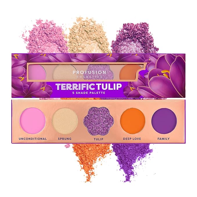 Profusion Cosmetics 5-Shade Mini Eyeshadow Palette - Highly Pigmented with Matte & Shimmer Finishes, Blendable Travel-Friendly Kit, Vegan & Cruelty-Free Makeup (Terrific Tulip)