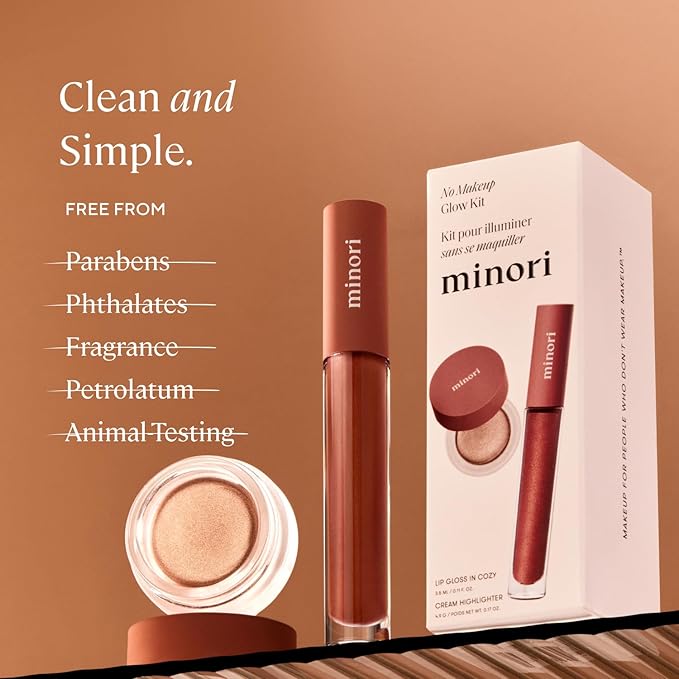 Minori No Makeup Glow Kit, Radiant Duo Gift Set: Full-Size Lip Gloss in Cozy & Cream Highlighter in Champagne, Vegan & Cruelty-Free for a Minimalist Glow