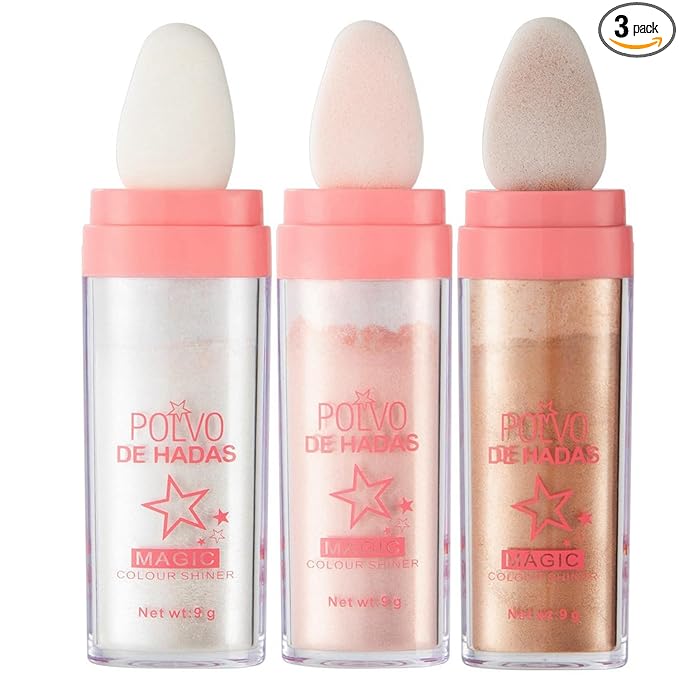 URQT 3 Color Polvo De Hadas Fairy Dust Highlight Patting Powder - Full Body Contouring and Clavicle Pearlescent Patting Powder for Face and Eye, Halloween Sparkling Body Glitter Powder (Trio)