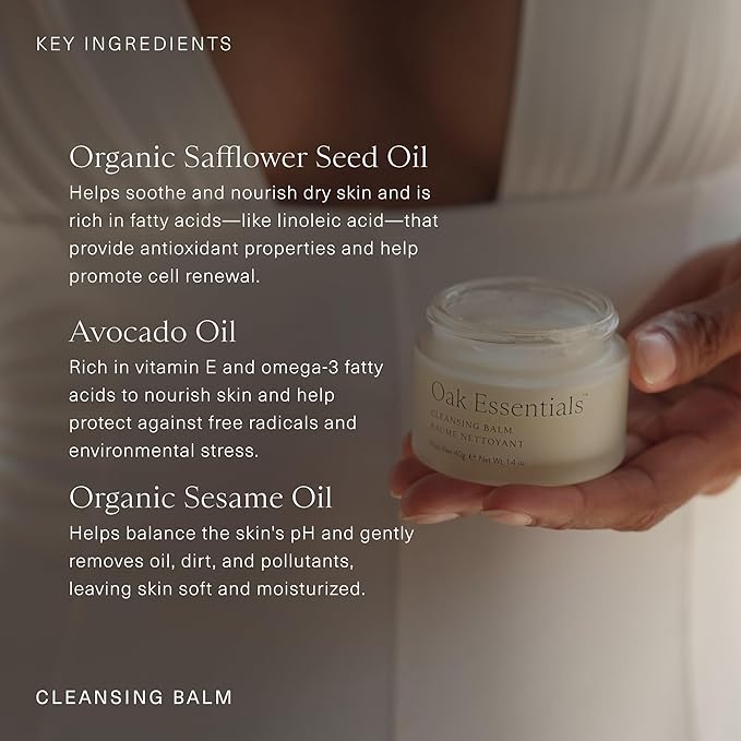 Oak Essentials Cleansing Balm, Balm-to-Oil Makeup Remover with Avocado, Organic Sesame, and Safflower Seed Oils, Gentle Hydrating Face Cleanser, 1.4 Oz