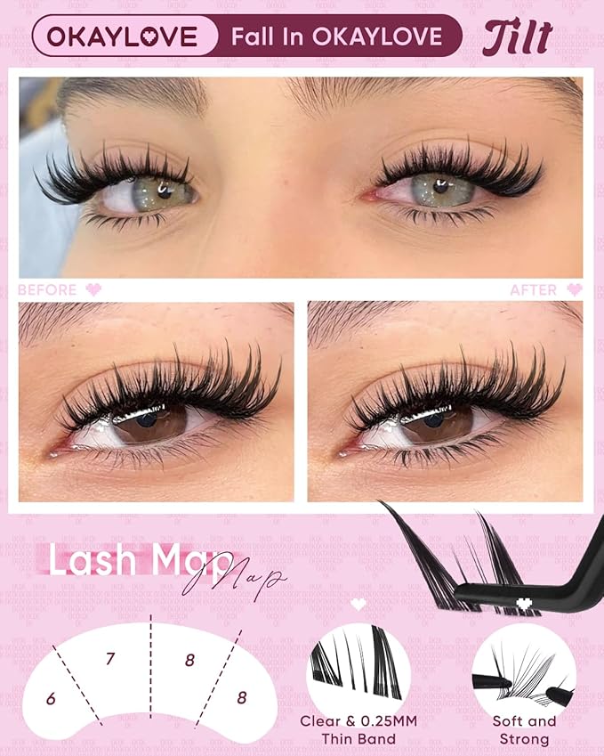 OKAYLOVE Bottom Lash Clusters DIY Eyelash Extensions, Tilt 6-8mm Lower Lashes Wispy Bottoms Individual Lashes, 96pcs Natural Invisible Band Eyelash Clusters for Bottom Eyelashes Extension