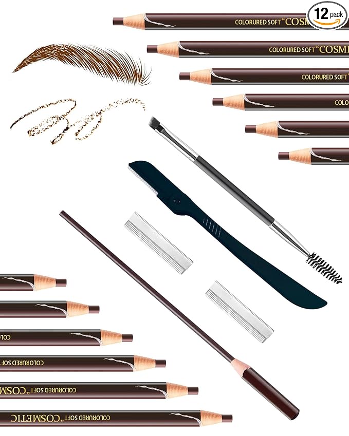 12 Piece Dark Brown Waterproof Eyebrow Pencils for Women w/Microblading Eyebrow Pencil & Brow Trimming Supplies Kit Permanent Eye Brow Liners Set For Salon-Quality Shaping & Filling Of Marks