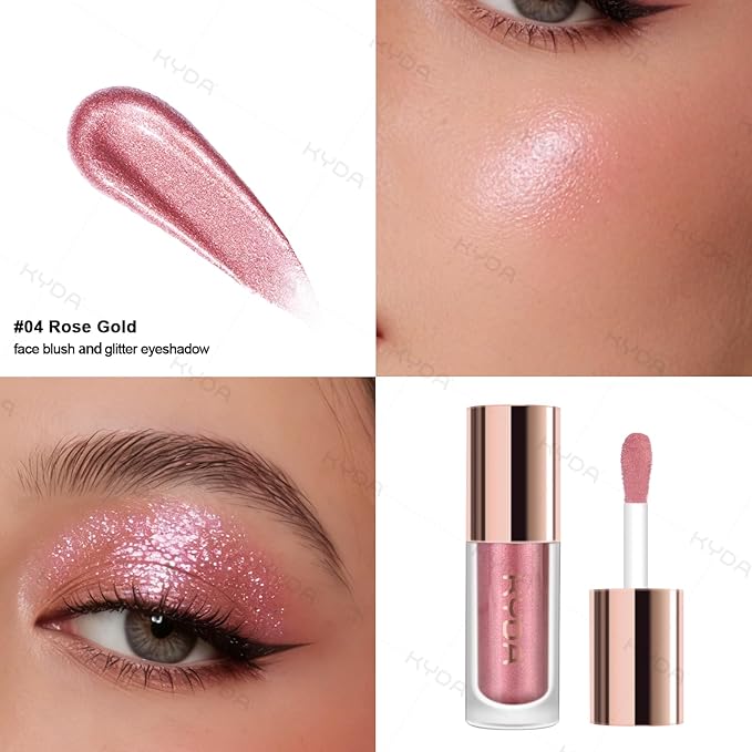 KYDA Liquid Glitter Eyeshadow, High Pigment Rose Gold Metallic Glittery Eyeshadow, Soft Lightweight Creamy Formula, One-Swipe Coverage, Long-wearing Crease-Resistant Eyes Glitter Makeup, 0.25oz