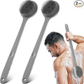 Sunnyray 2 Pack Silicone Back Scrubber for Shower with 15" Long Handle Double-Sided Bath Body Brush for Exfoliating Easy to Clean Quick Dry Deep Cleaning Lathers Well(Grey)