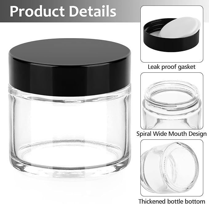 Accmor 2 OZ Glass Jars with Black Lids, 4 Pack Empty Cosmetic Containers Round Glass Travel Jars with Inner Liners & Spatulas, Leak Proof Makeup Sample Container for Storing Lotions, Cream, Ointments