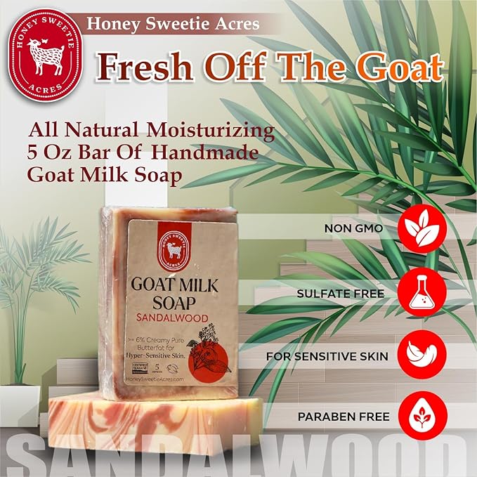 Honey Sweetie Acres Sandalwood Goat Milk Soap - Handmade 5 oz Bar, Made with Natural Ingredients, Moisturizing & Gentle, Made in the USA