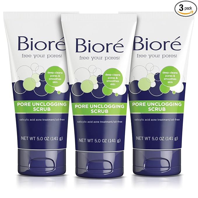 Bioré Pore Unclogging Scrub, Removes Excess Dirt and Oils, Face Scrub, with Salicylic Acid, Oil Free, 5 Ounces, Pack of 3