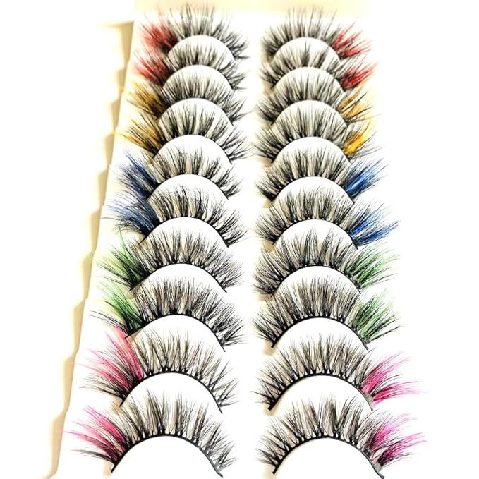 Sunniess Ombre Colored Lashes Silk Protein Fluffy Wispy Volume Fake Lashes for Halloweens Cosplay Party Stage Lashes with Color Make up Faux Mink False Eyelashes