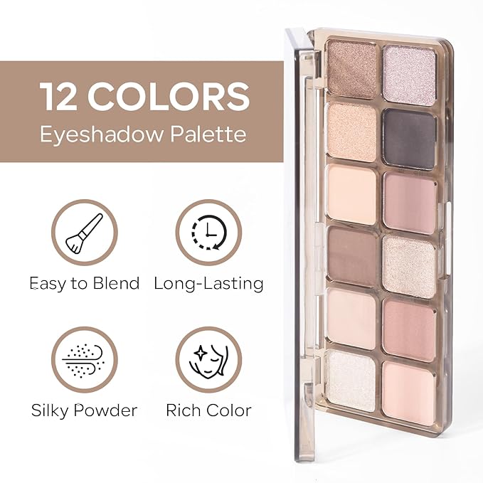 KYDA 12 Colors Grey Brown Eyeshadow Palette with Brush, Matte Shimmer Neutral Nude Brown Eyeshadow, Glitter Sparkling Eye Shadow, Cool Tone Korean Eyes Makeup