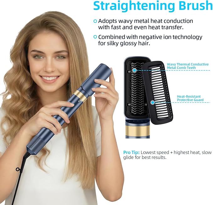 6-in-1 Hot Air Styler & Blow Dryer Brush, Ionic Hair Dryer Volumizer, Multi-Function with Interchangeable Attachments for Curling, Straightening & Fast Drying, Ideal Gift for Women(Gemstone Blue)