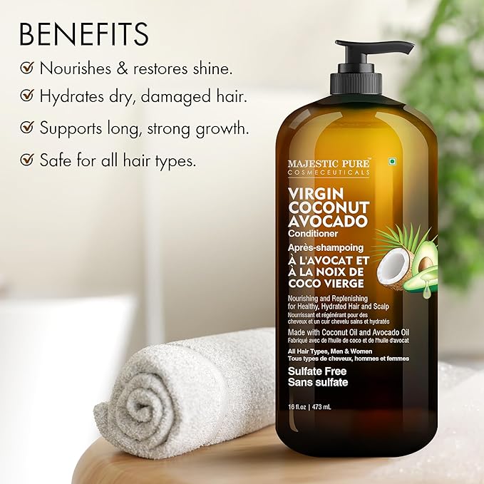 Majestic Pure Avocado Coconut Conditioner - Vitamin Enriched Gentle Hair Conditioner Formula Nourishes Dry & Damaged Hair - for Daily Use, Sulfate Free, for All Hair Types- 16 fl. oz.